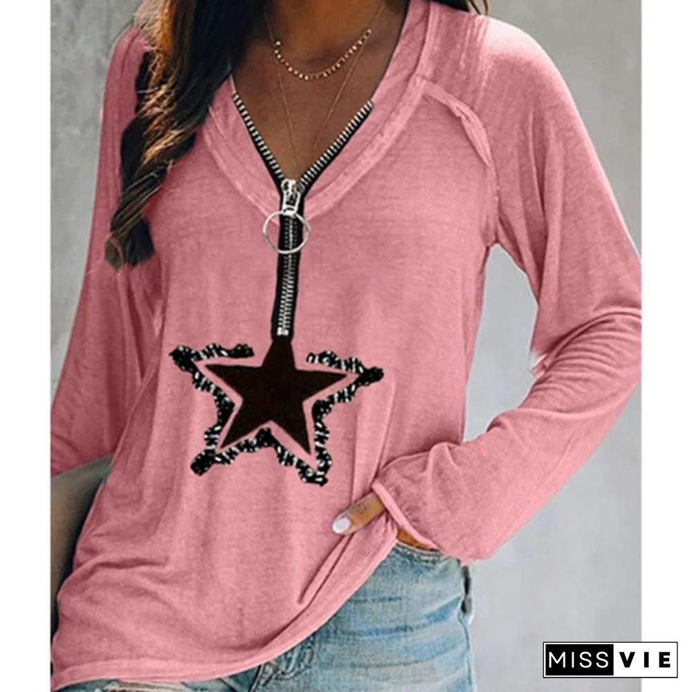 Women's T-shirt Summer Fashion Women's Five-pointed Star Printed Short Sleeve Zipper V-neck Casual T-shirt Loose Plus Size Soft and Comfortable Thin Shirt Top S-3XL