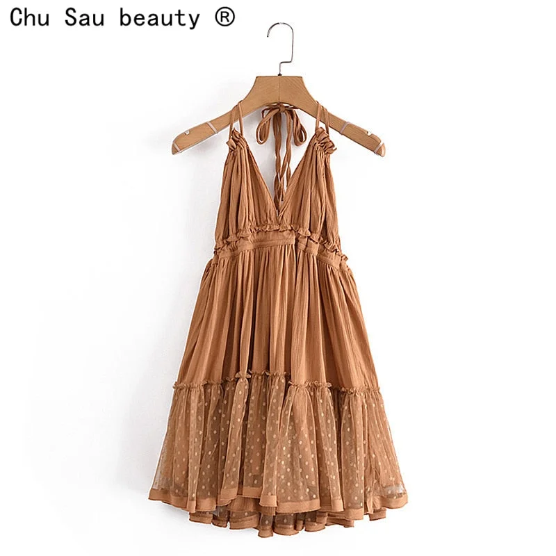 2021 Summer New Solid Color Lace Stitching V Neck Sexy Backless  Mesh Short Dress Camisole Holiday Beach Dress Female