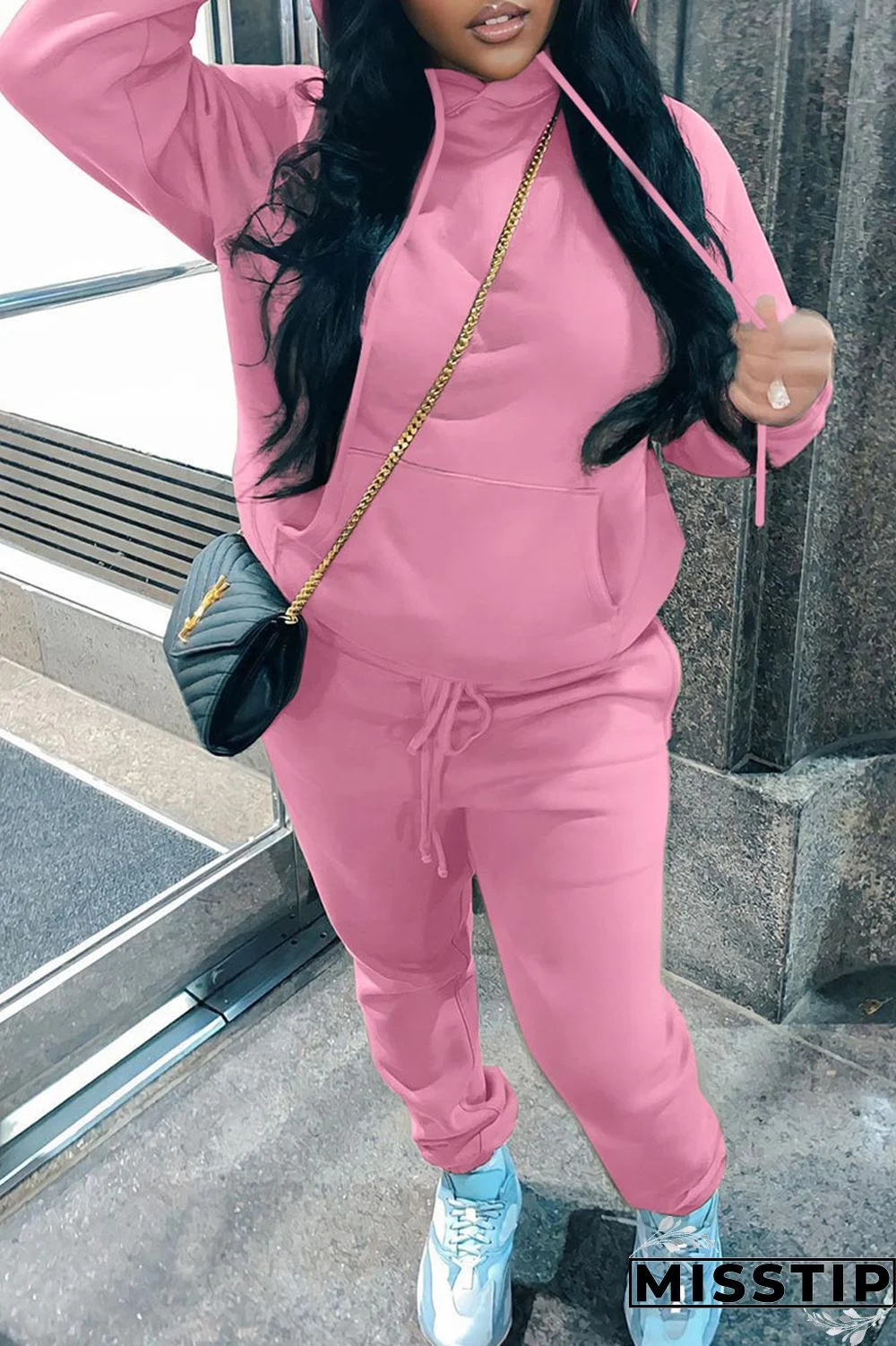 Blue Casual Solid Patchwork Hooded Collar Long Sleeve Two Pieces