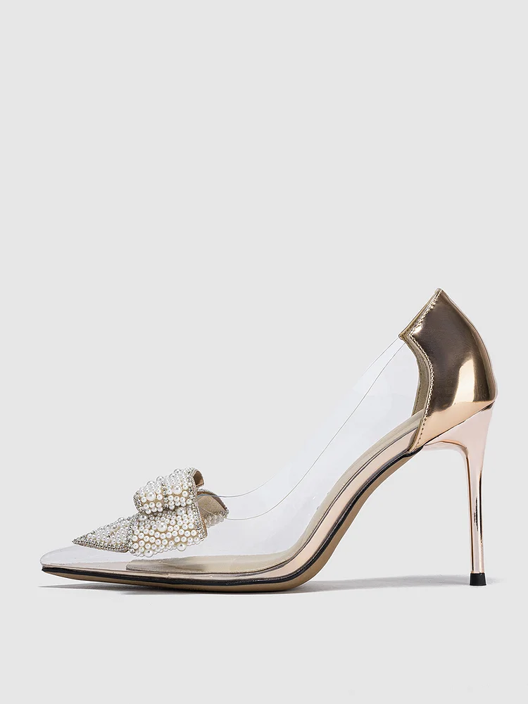 90mm Women's  Stiletto Apricot Bottom High Heels Party Shoes Cute Bow Tie  Pointed Toe Pumps