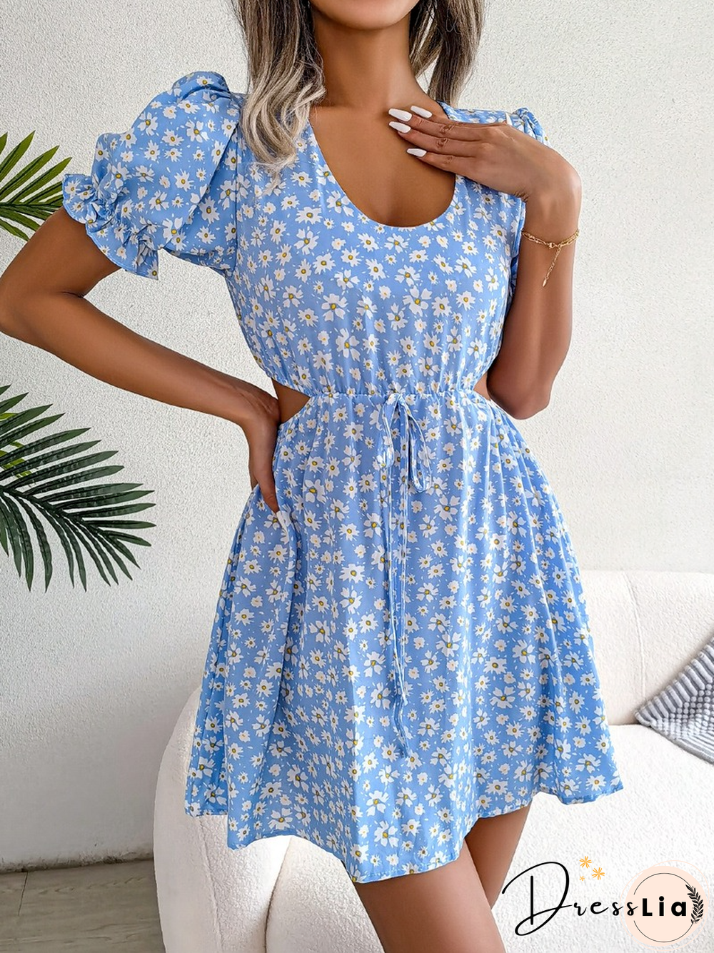 Elegant Floral Print Dress Women Summer Dresses New Casual Hollow Out Lace-up V-neck Short Puff Sleeve Mini Dress