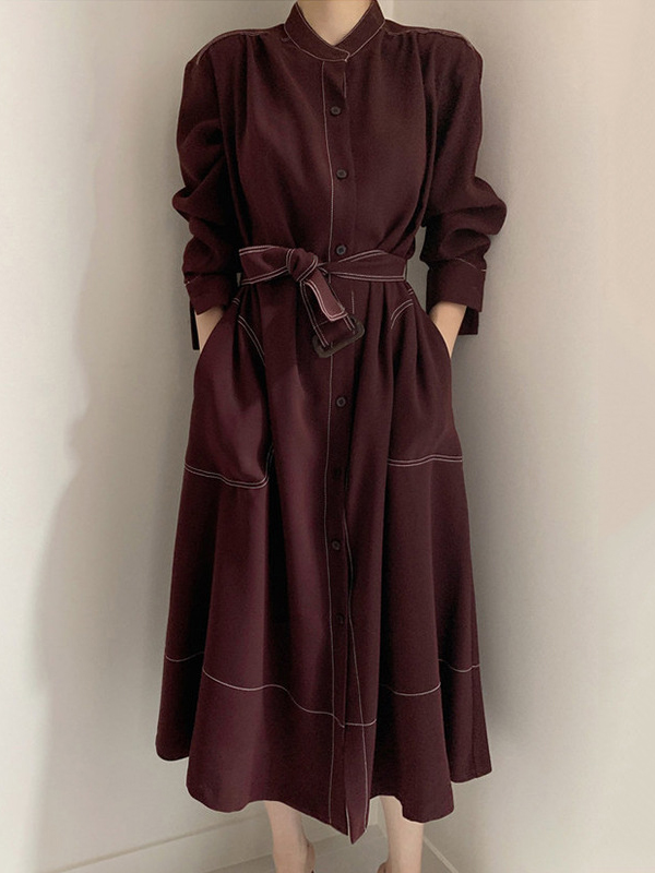 Stand Collar Single Breasted Lace-Up Midi Dress