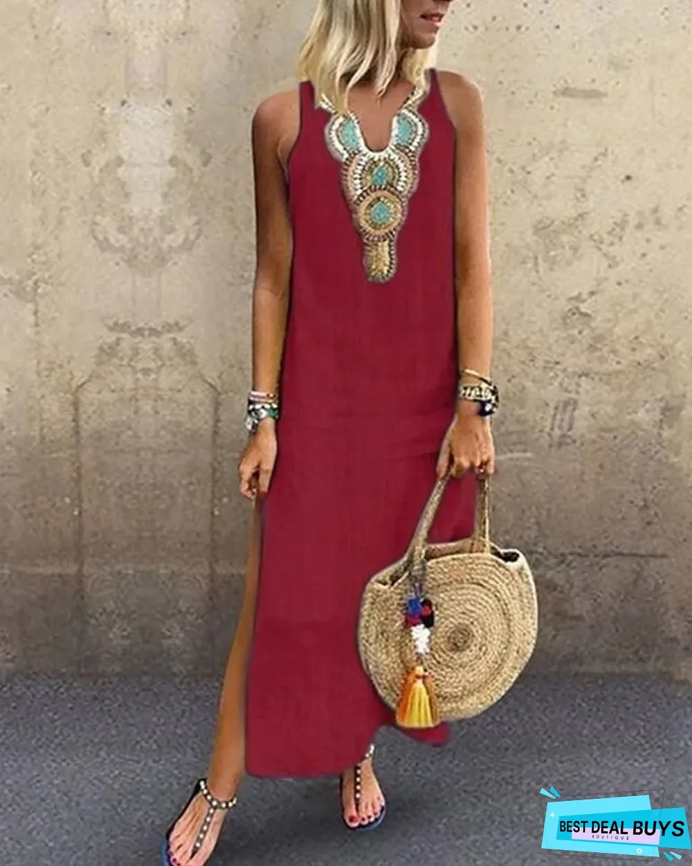 Women's Blazer Dresses Maxi Long Dress - Sleeveless Tribal Split Print Summer V Neck Plus Size Hot Casual Boho Holiday Beach White Yellow Wine Green Gray White Dresses