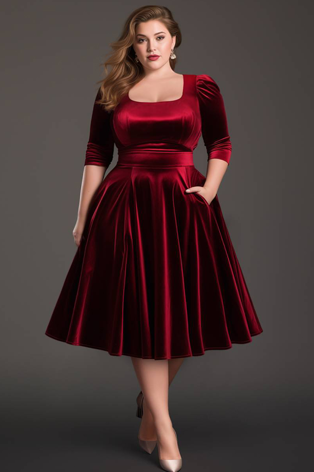 Flycurvy Plus Size Wedding Guest Red Velvet 3/4 Sleeve Empire Waist Midi Dress