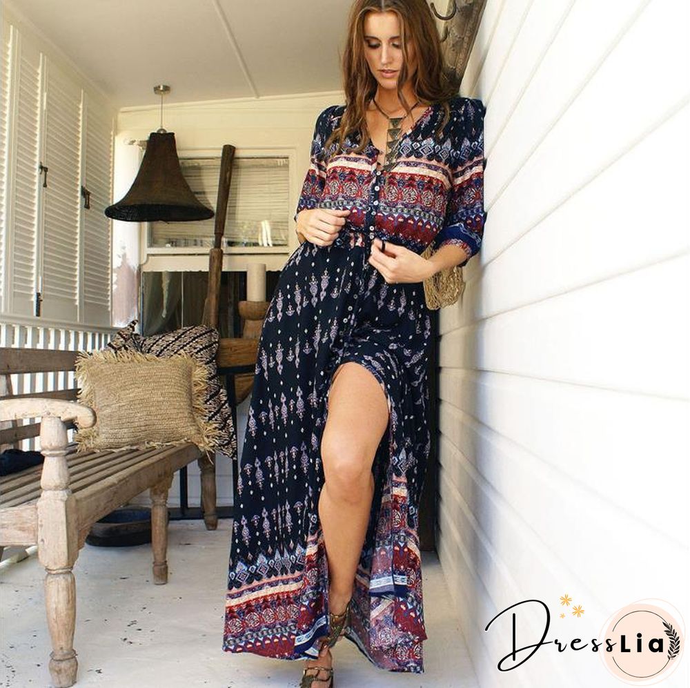 Autumn Print New Dress Women's Long Beach Dress