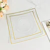 10 Pack | 10" Clear / Gold Concave Modern Square Plastic Dinner Plates, Disposable Party Plates