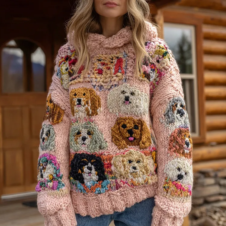Women's Colorful Puppy Pattern Cozy Chunky Knit Hooded Sweater