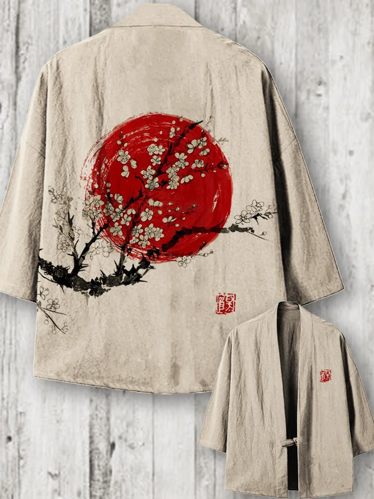 Plum Blossom Sunrise Japanese Art Linen Blend Kimono Cardigan