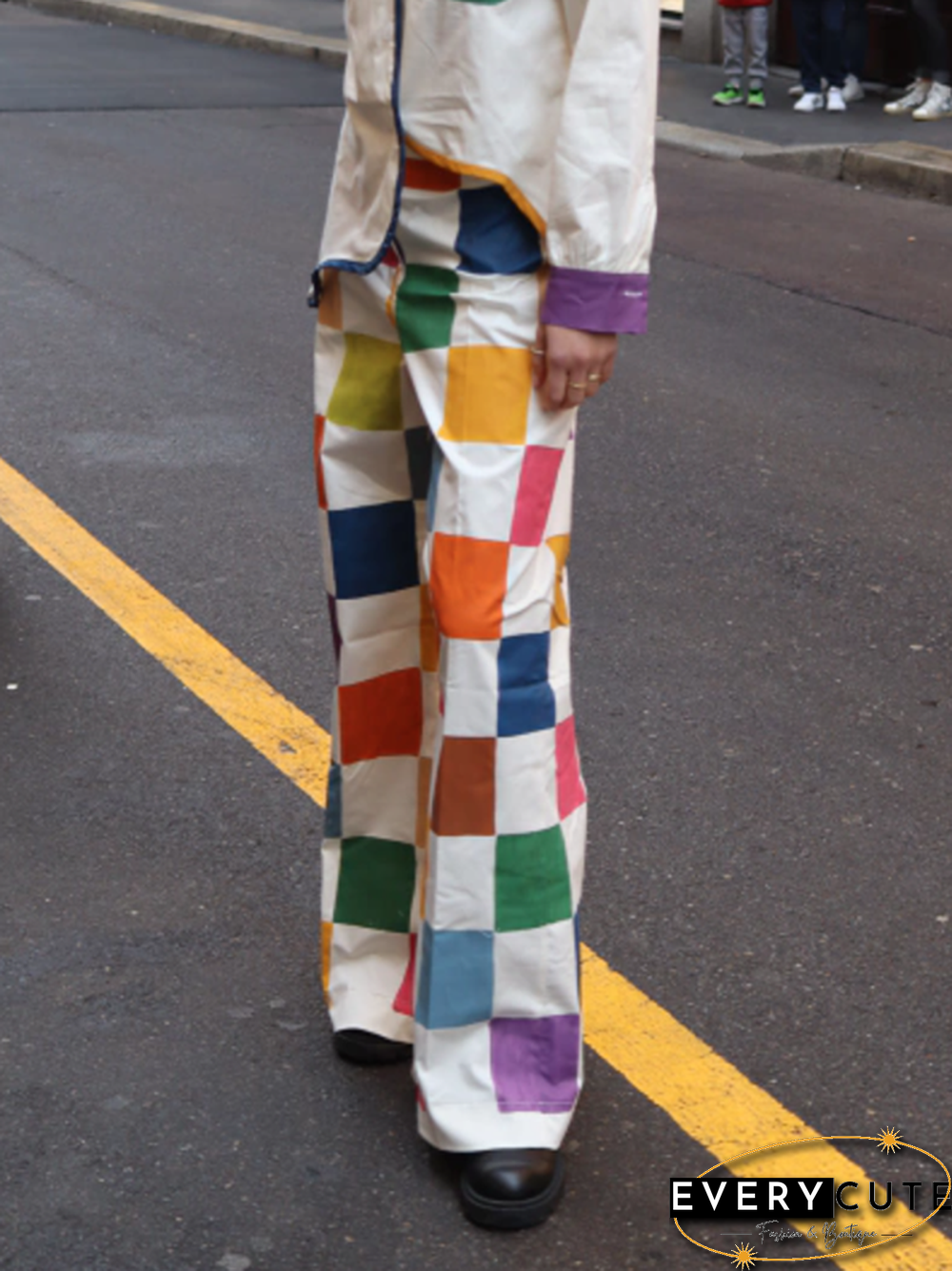 Loose Contrast Color Plaid Casual Pants Bottoms