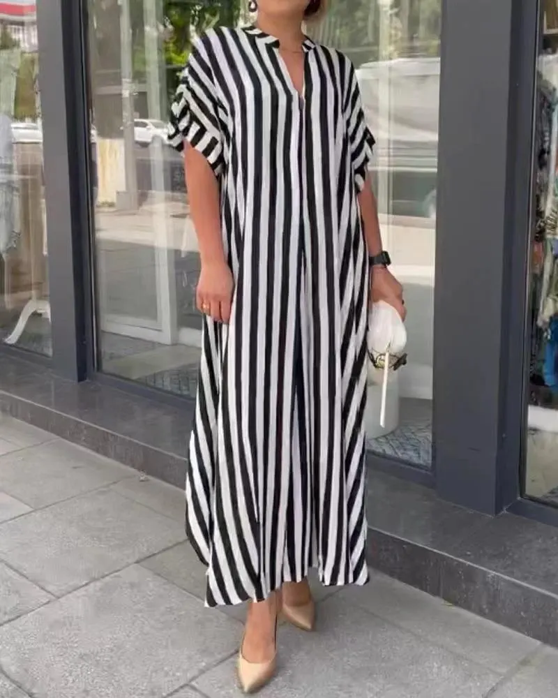 Churchf Churchf Women's Fashion Side Slit Stripe Loose Casual Short-Sleeved Dress