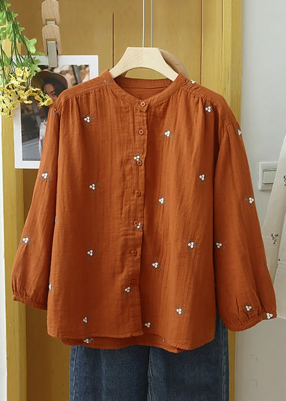 Beautiful Orange Embroideried Button Cotton Blouse Long Sleeve