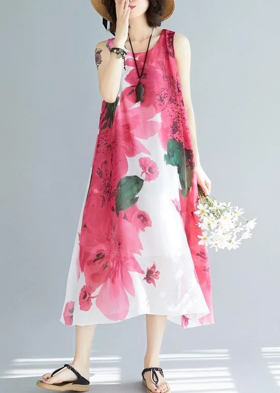 Fashion Red Print Chiffon Tie Waist Summer Holiday Dress