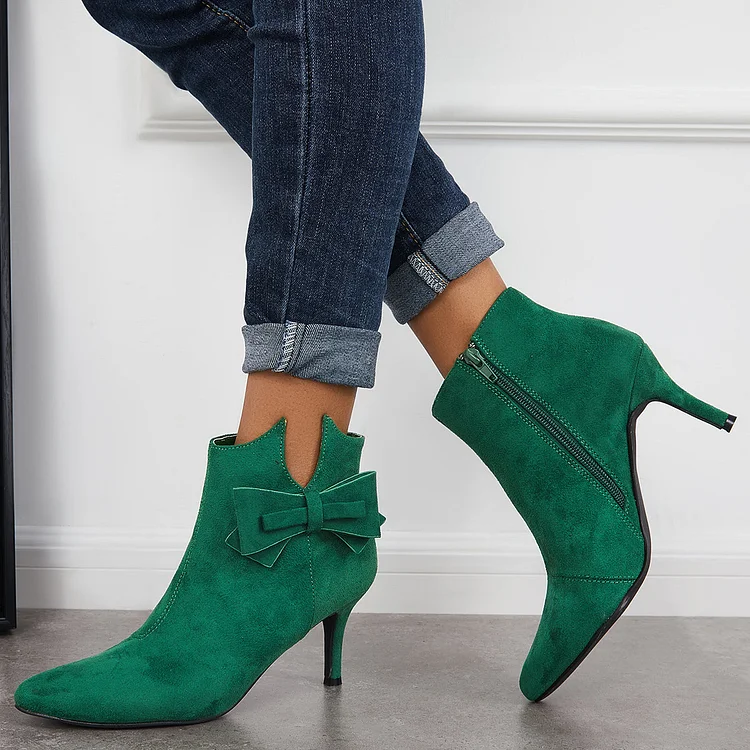 Pointy Toe Bow Stiletto Heeled Booties Side Zipper Ankle Boots