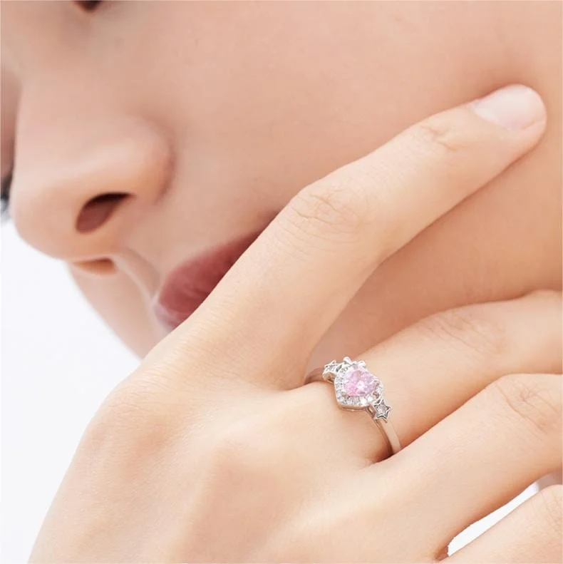 Pink Adjustable Crystal Star Heart Ring