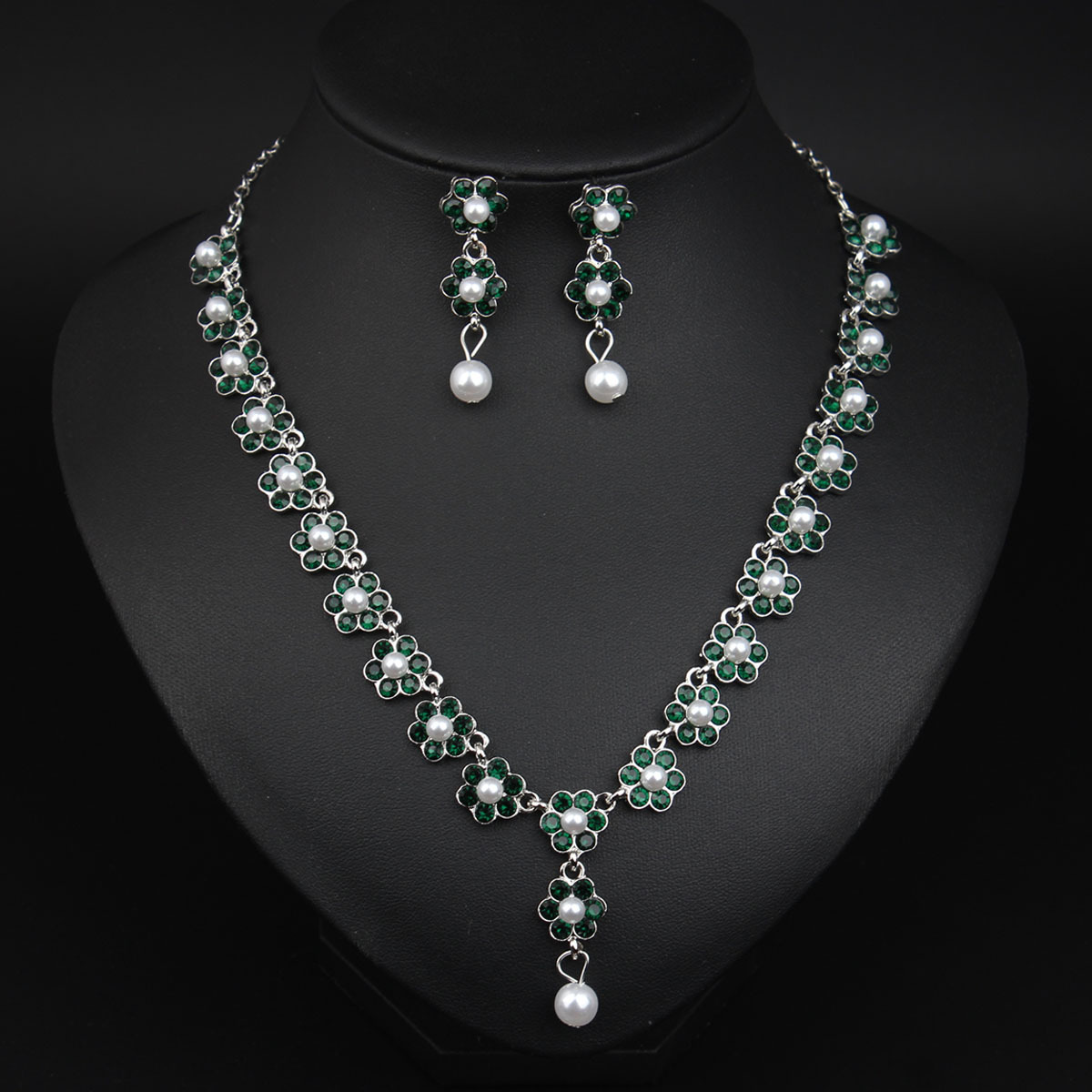 Elegant Rose Red Rhinestone Pearl Floral Necklace Earrings Two Piece Jewelry Set 2024 - Flycurvy 