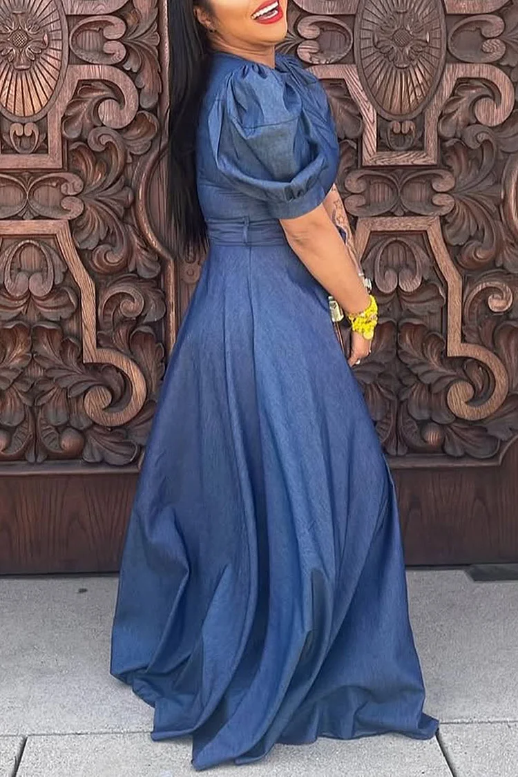 Plus Size Vacation Blue Casual Round Neck Short Sleeve Wrap Tencel Denim Maxi Dresses [Pre-Order]