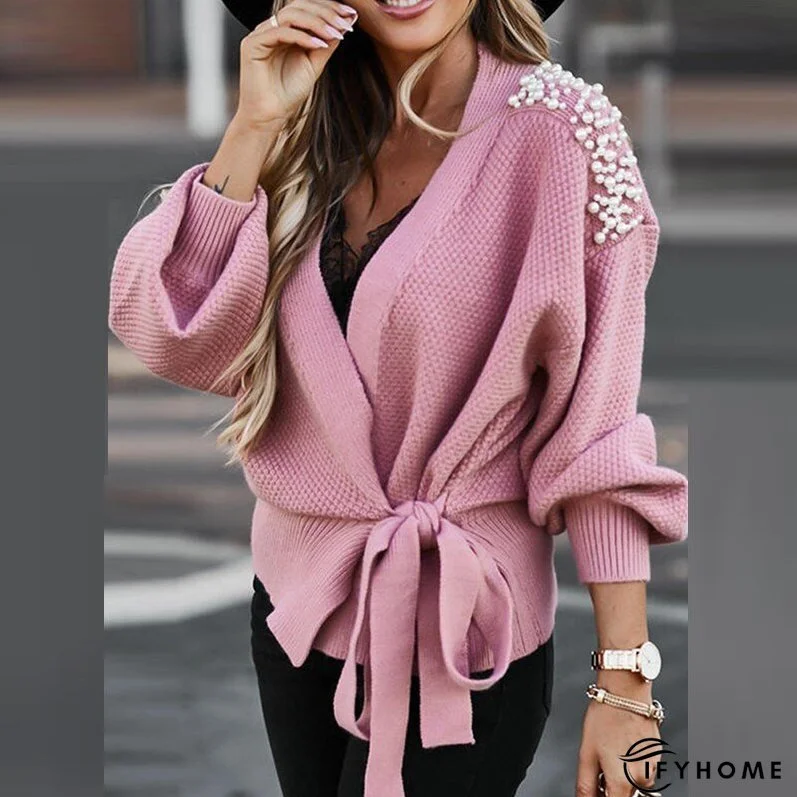 Christmas Gift Women Casual Long Sleeve Tops Fashion Tie Front Sweaters Autumn Ladies Winter Elegant Beaded Drop Shoulder Cardigan Sweater | IFYHOME