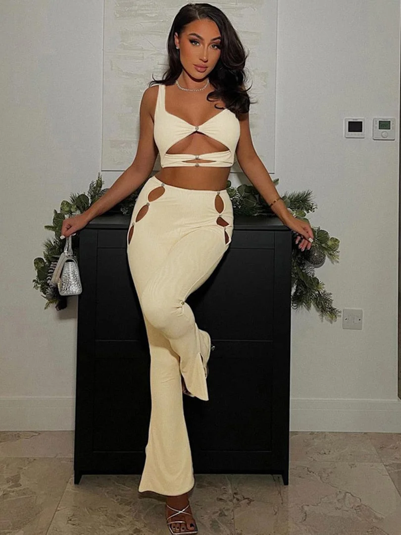 Hugcitar Diamond Halter Sleeveless Crop Top Hollow Out Flare Pants 2 Pcs Matching Set 2022 Evening Party Sexy Slim Elegant Y2K