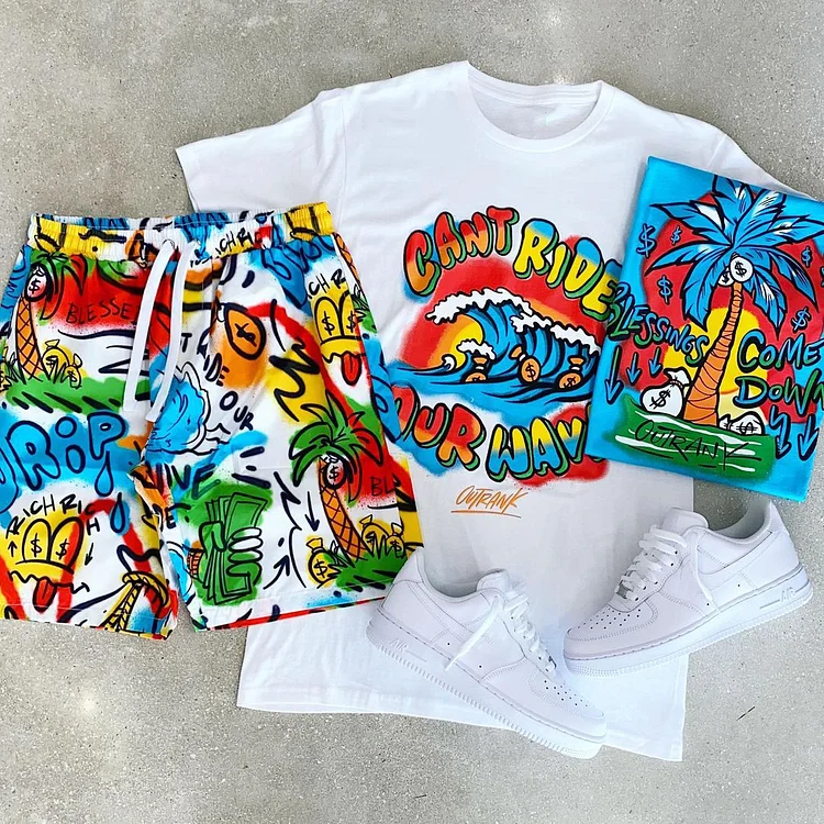Color Ocean Waves Graffiti Print T-Shirt And Shorts Co-Ord