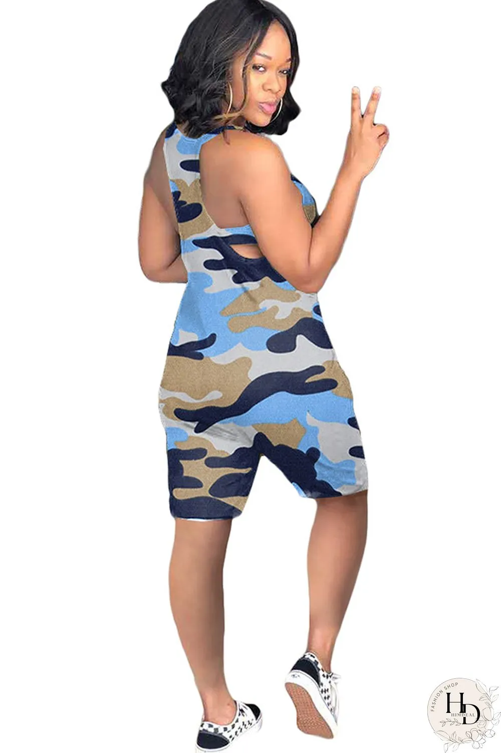 Blue Sexy Fashion Camouflage Chemical fiber blend Sleeveless V Neck Rompers
