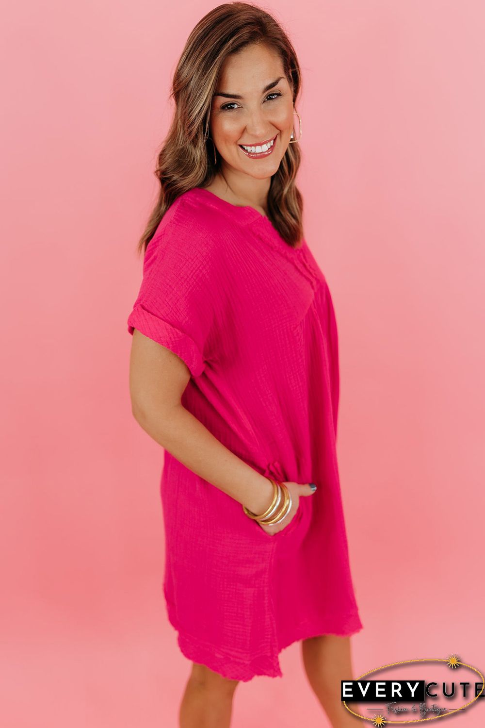 Rose Plus Size Ruched V Neck Pocket Short Sleeves Mini Dress