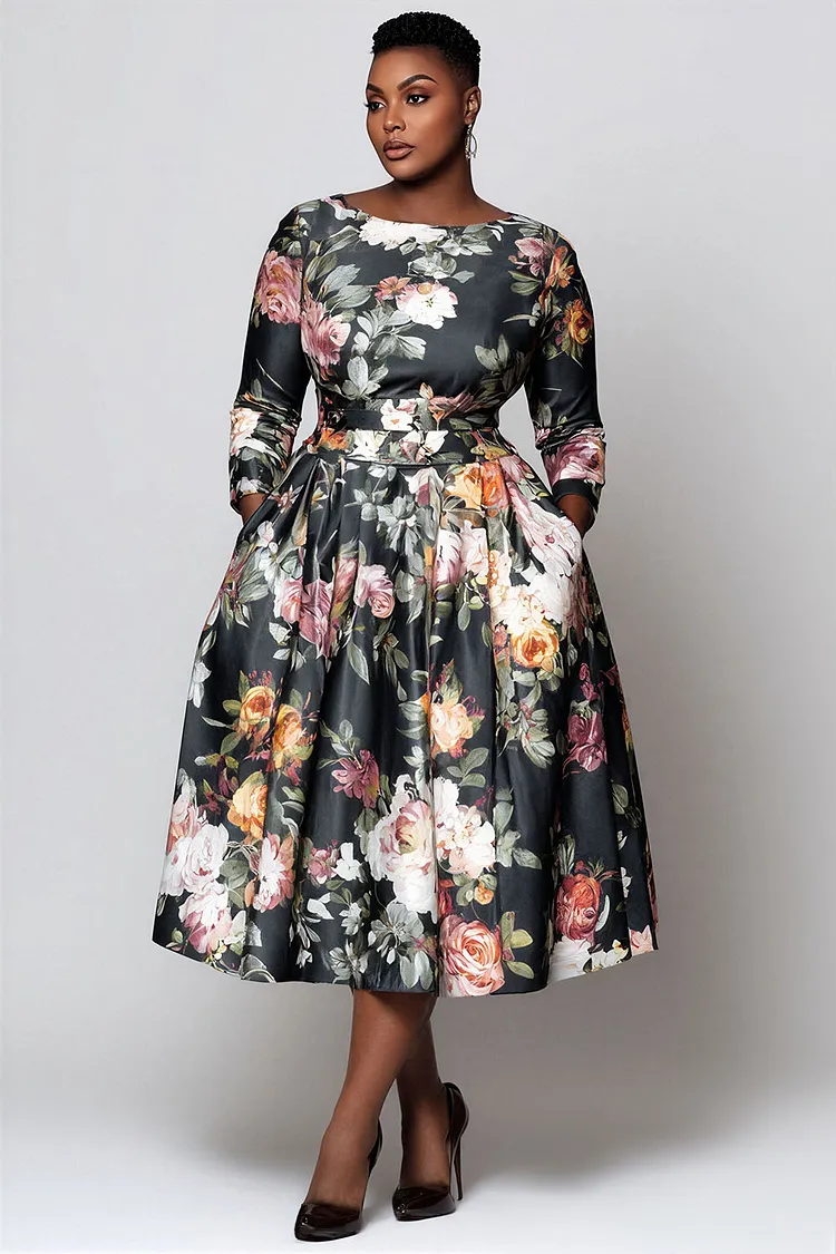 Xpluswear Design Plus Size Wedding Guest Black Floral Round Neck 3/4 Sleeve Pocket Satin Midi Dresses [Pre-Order] 2024 - Xpluswear