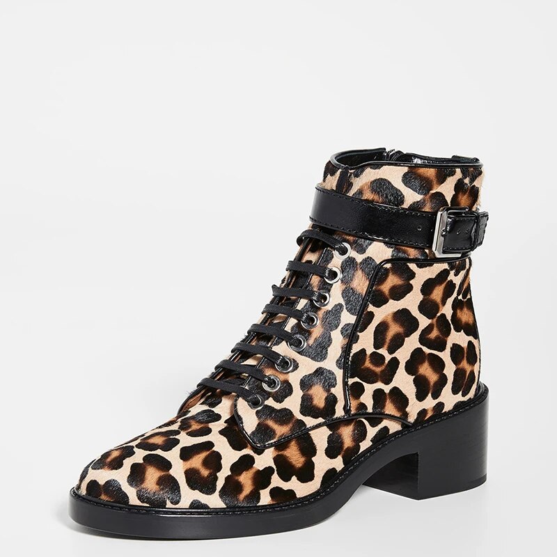 TAAFO Leopard Suede Ankle Boots Woman Med Chunky Heels Round Toe Buckles Zip Booties Ladies Shoes