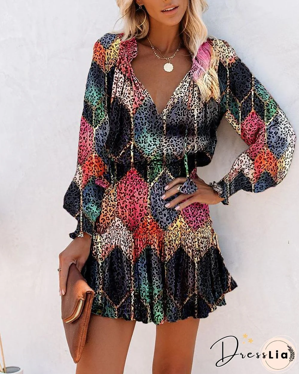 Multicolor Leopard Long Sleeve Skinny Waist Dress P13506
