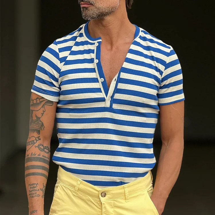 Vintage Classic Striped V-Neck Button-Down Short-Sleeved T-Shirt