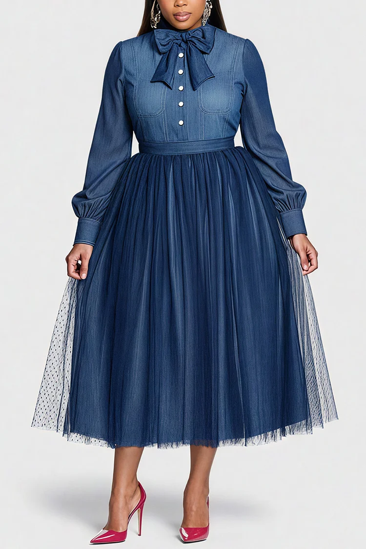 Xpluswear Design Plus Size Business Casual Tulle Blue Long Sleeve Contrast Elegant Bow Tie Tencel Denim Midi Dresses [Pre-Order]