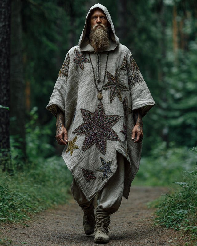Men's Vacation Viking Themed Tree of Life Stereo Embroidery Casual Linen Hooded Kaftan aa27