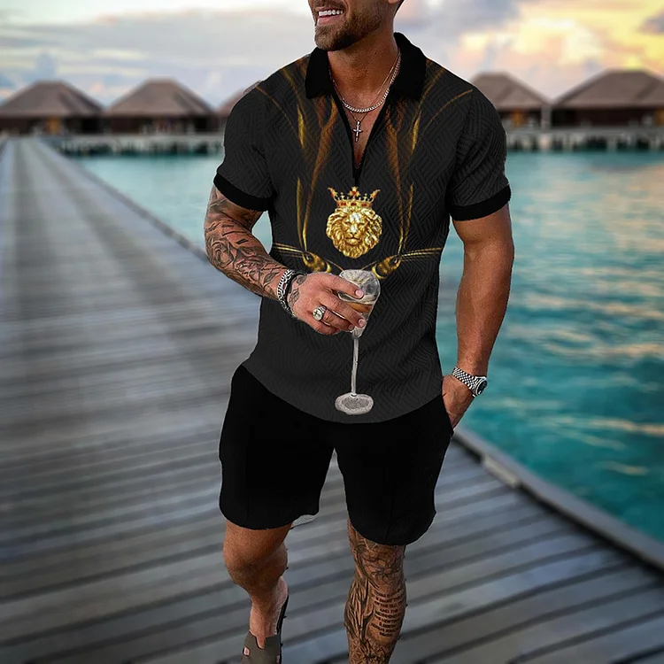 Luxury Lion Print Polo Shirt And Shorts Two-Piece Set