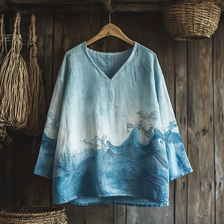 Vintage Japanese Waves Embroidered Gradient Linen Blend Cozy Tunic