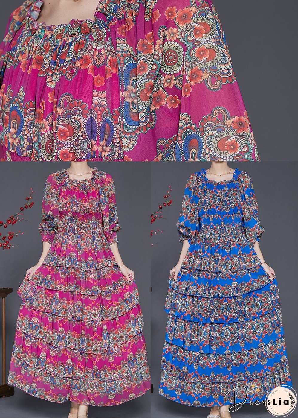 Unique Rose Elastic Waist Print Cotton Maxi Dresses Spring