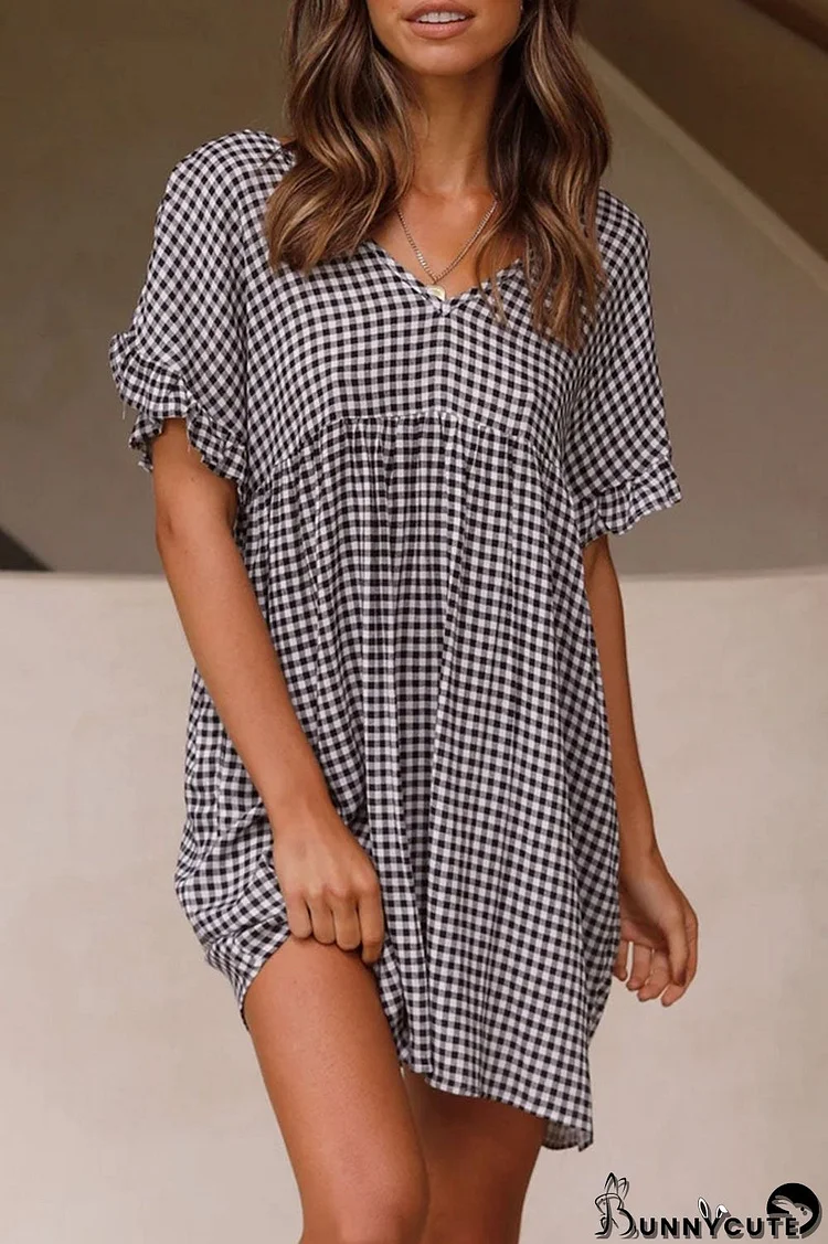 Fashion Sweet Plaid Split Joint V Neck Princess Dresses