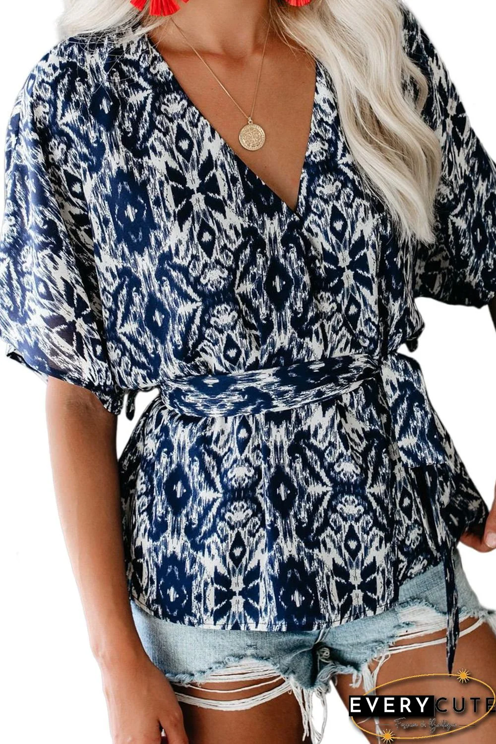 Blue Mosaic Printed Wrap Tunic Top