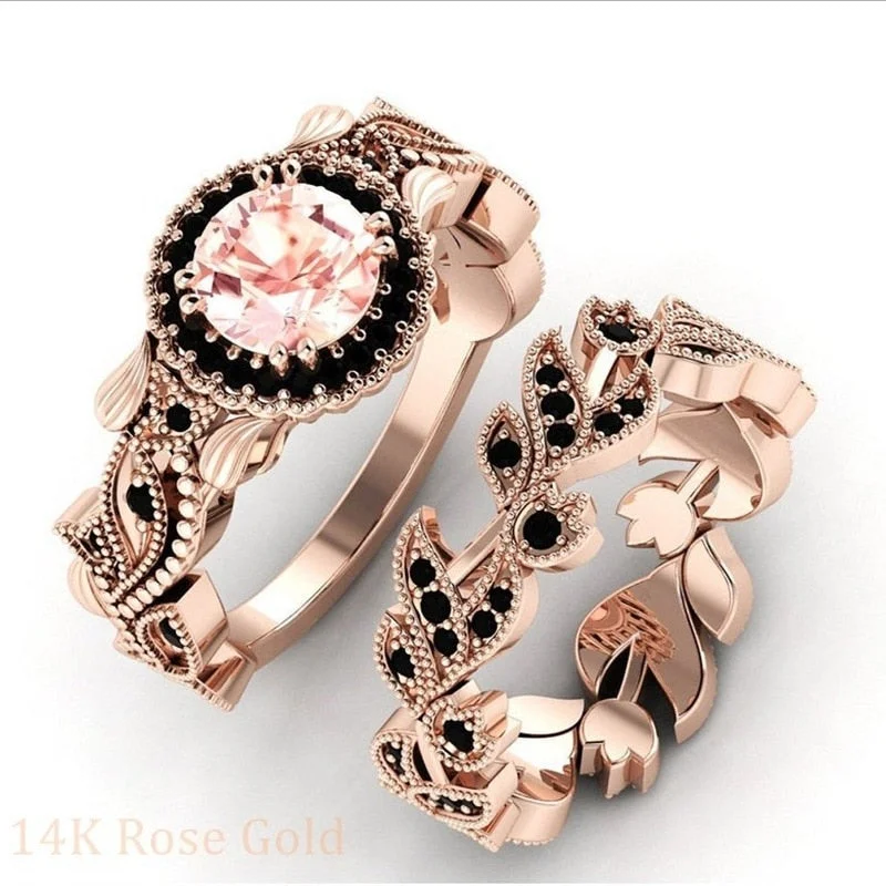 2 Pieces/set Exquisite Rose Gold Color Black Zircon Ring Vintage Flower Vine Inlaid with Champagne Stones Wedding Ring Set