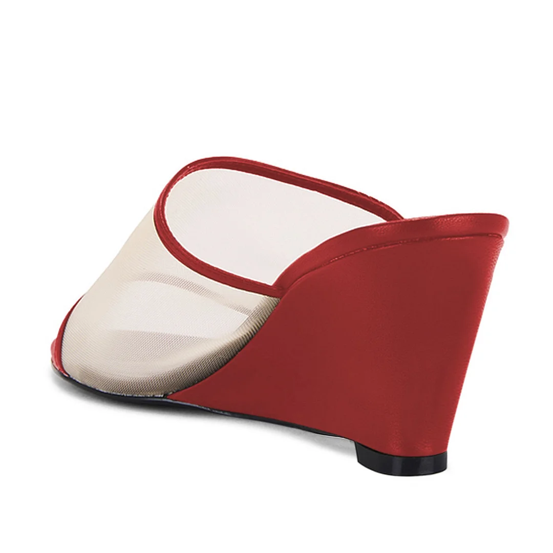 Red Open Toe Vegan Leather and Mesh Wedge Heel Slide Mules