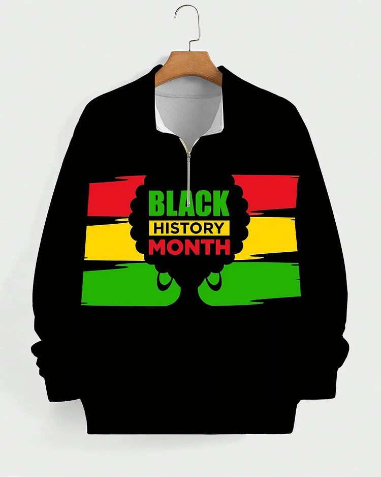 Black History Month High Collar Zipper Long Sleeve Casual Sweatshirt