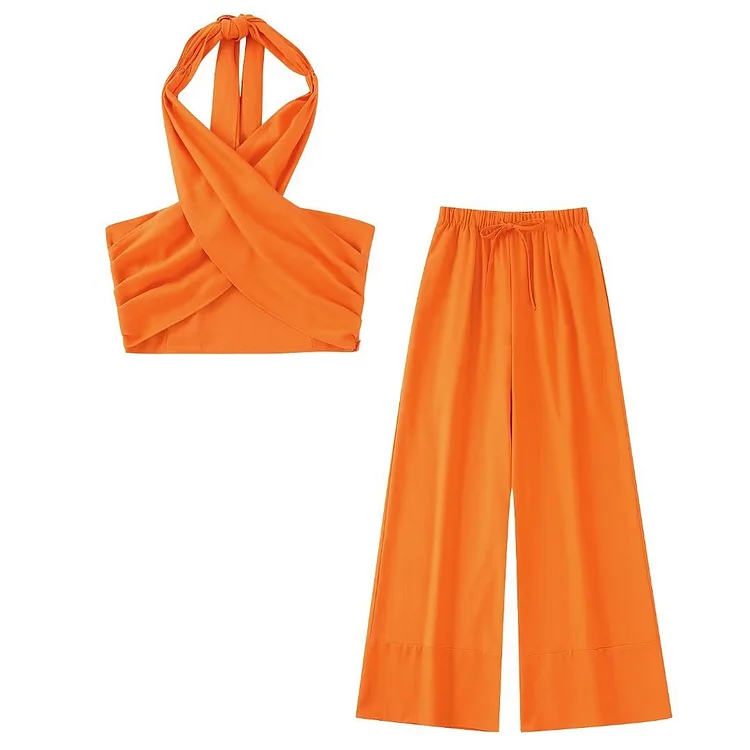 Fashion Temperament Orange Halter Solid Color Two Piece Set