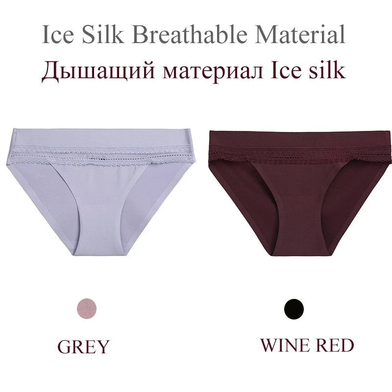 FINETOO 2PCS/Set Woman Lace Sexy Panties Ice Silk Women Underwear Seamless Low-Rise Lingerie Female Breathable Girls Panty 2021