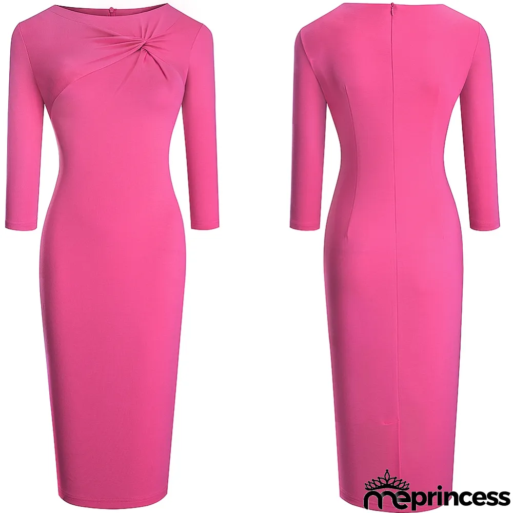 Spring Solid Color O-Neck Office Midi Dress with 3/4 Sleeves