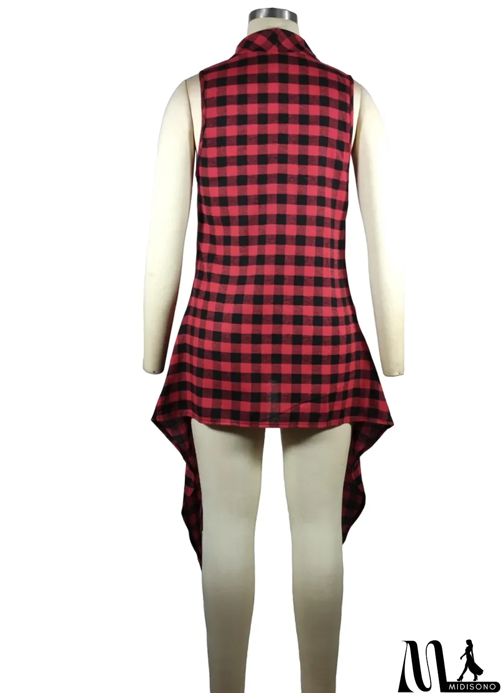 MidiSono - Spring Casual Red Plaid Cotton Irregular Long Vest Coat