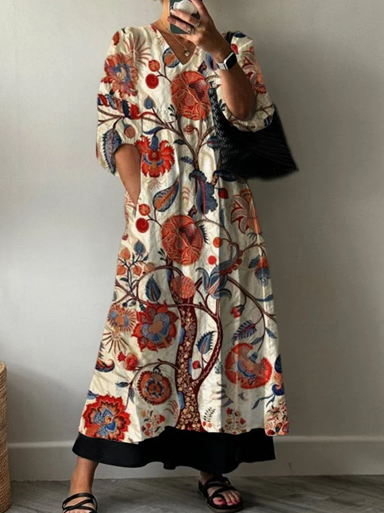 Women's  Boho Vintage Floral Print Pocket V-neck Cotton Dress