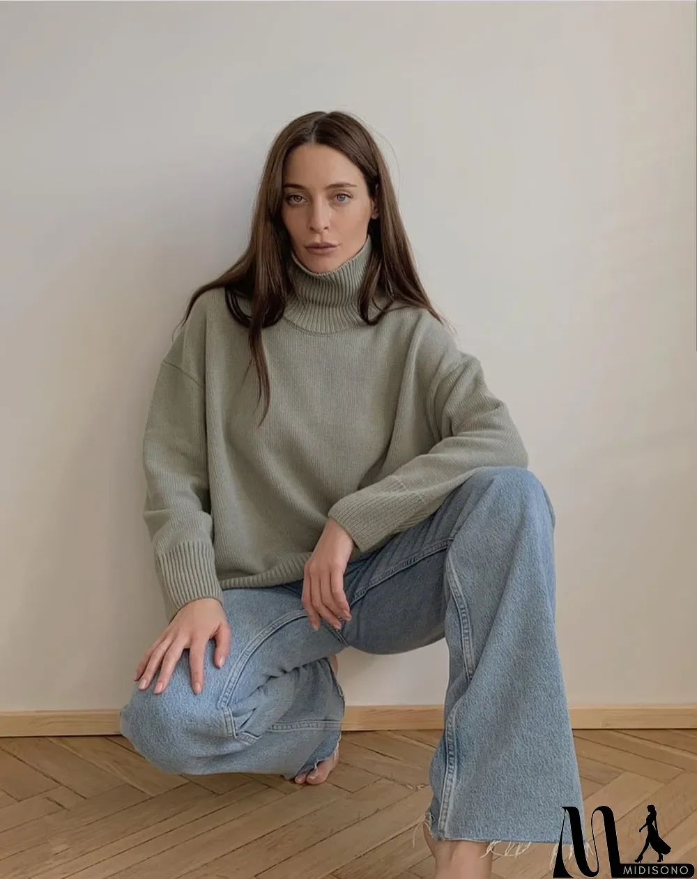 MidiSono - Winter Solid Plain Turtleneck Pullover Loose Sweater