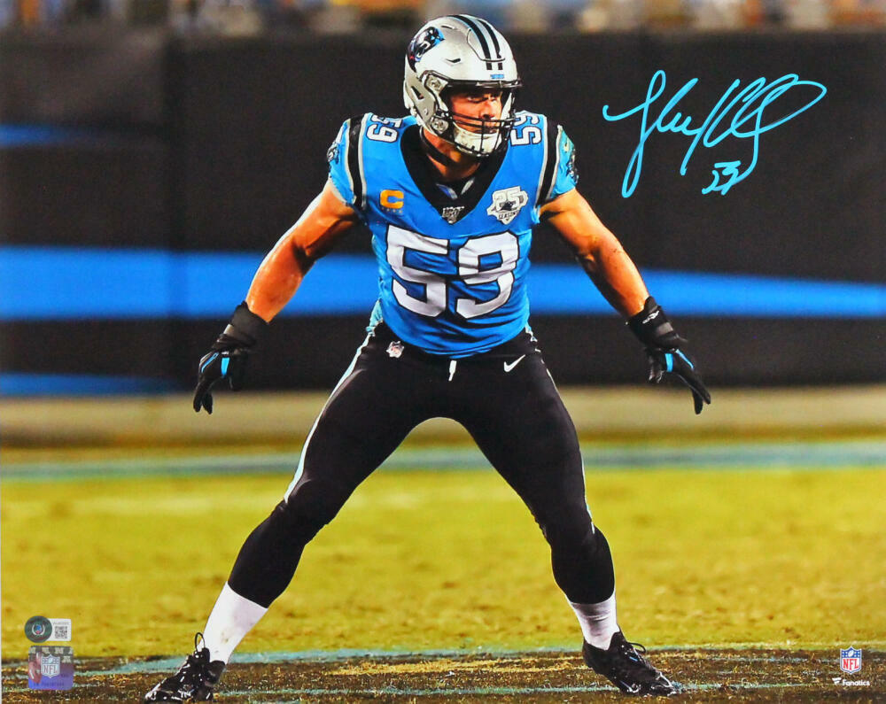 Luke Kuechly Autographed Panthers Stance 16x20 FP Photo Poster painting- Beckett W *Teal