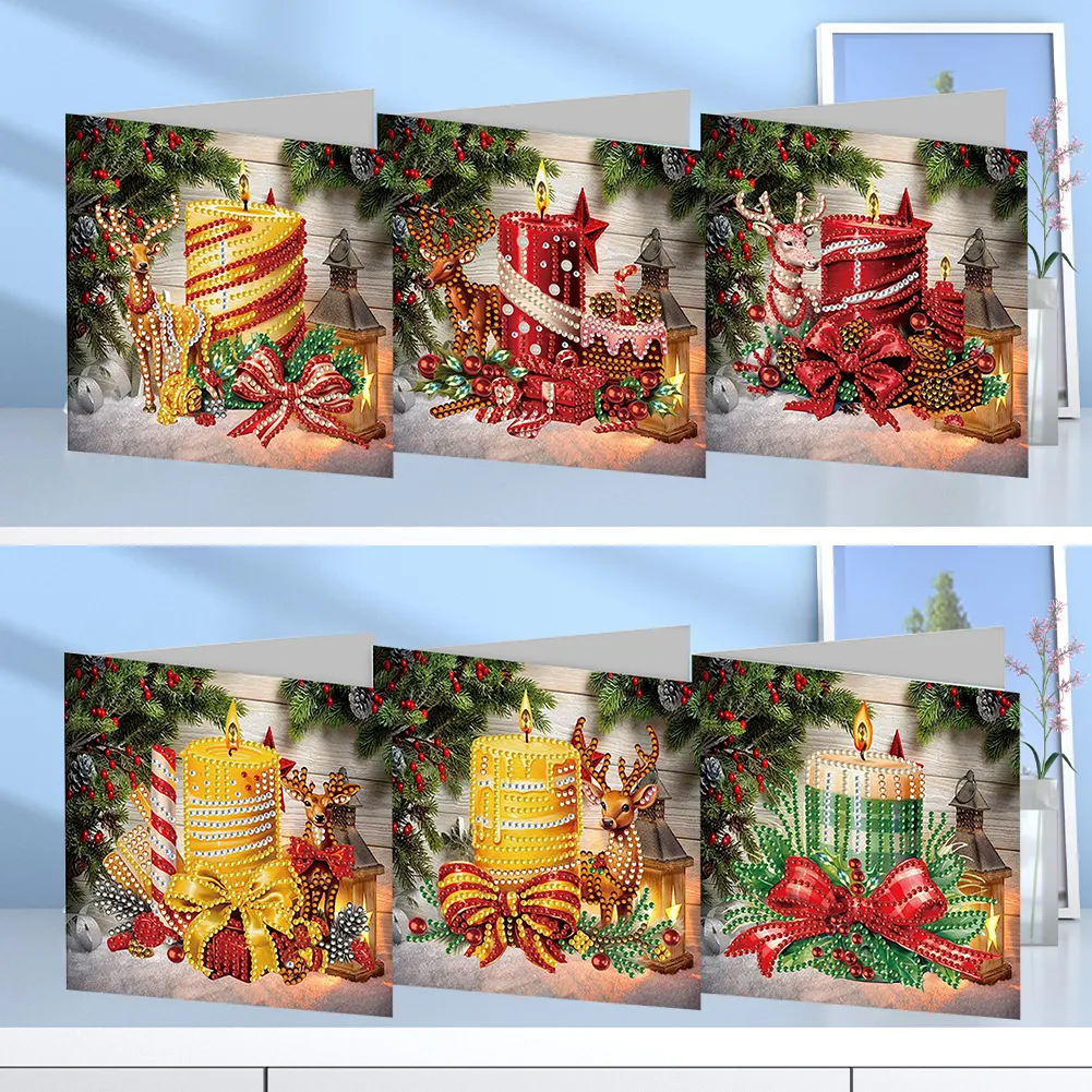 6pcs DIY Christmas Reindeer Candle DIY Diamond Painting Card for Friends Family Gift【With White Envelope】