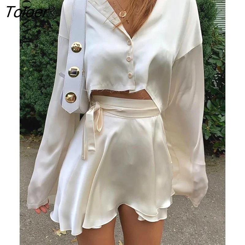 Toloer Casual Satin Two Piece Dress Set For Women White O-neck Button Top Bandage Mini Pencil Skirts Outfits Fashion Party Suit