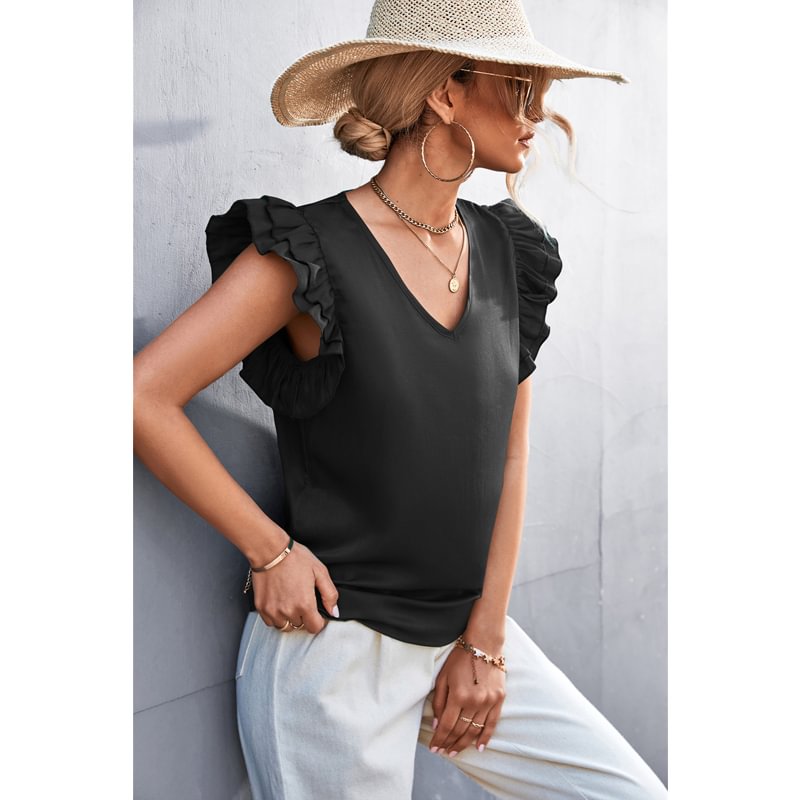 Churchf Women Summer Solid Color T-Shirts for Streetwear Patchwork Design Ruffles Decor V-Neck Butterfly Sleeve Casual Loose Top