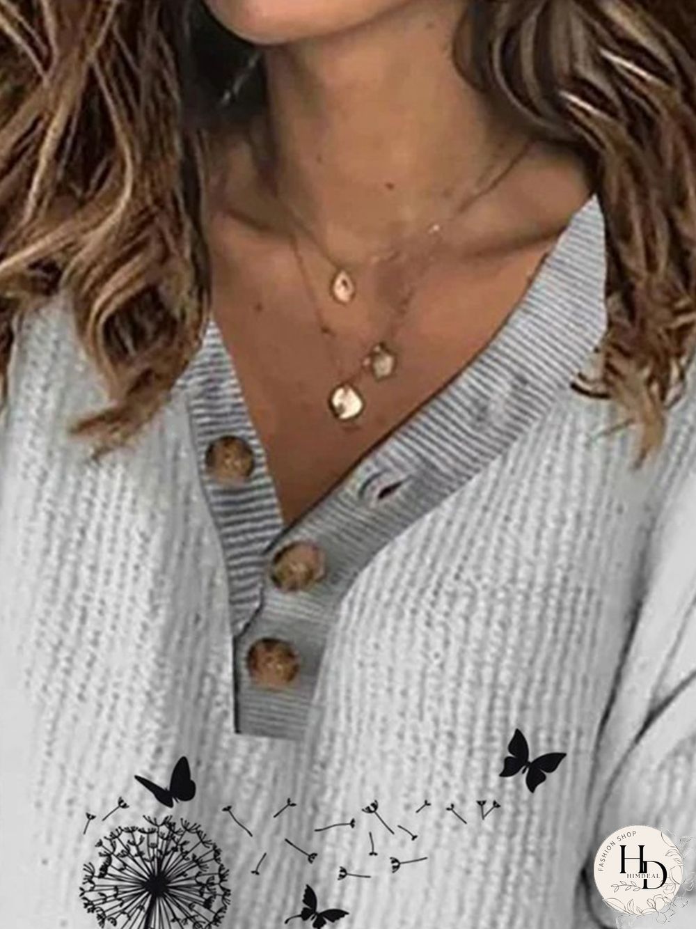 Dandelion Long Sleeve Buttoned V Neck Plus Size Casual Sweater